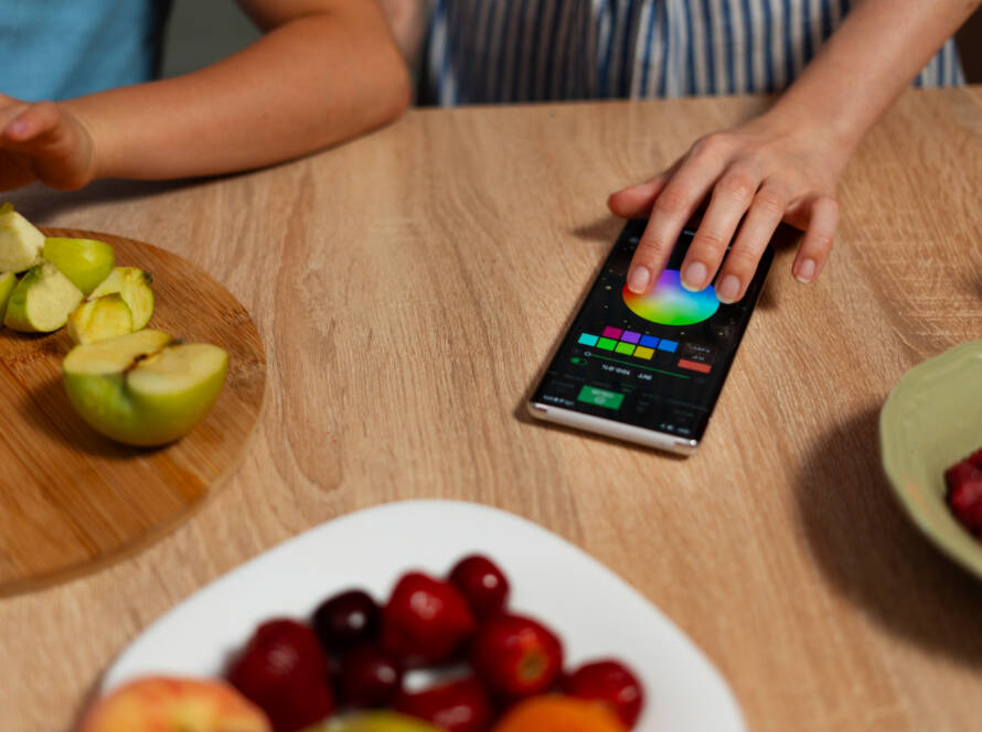 Mulher utilizando smartphone enquanto escolhe alimentos