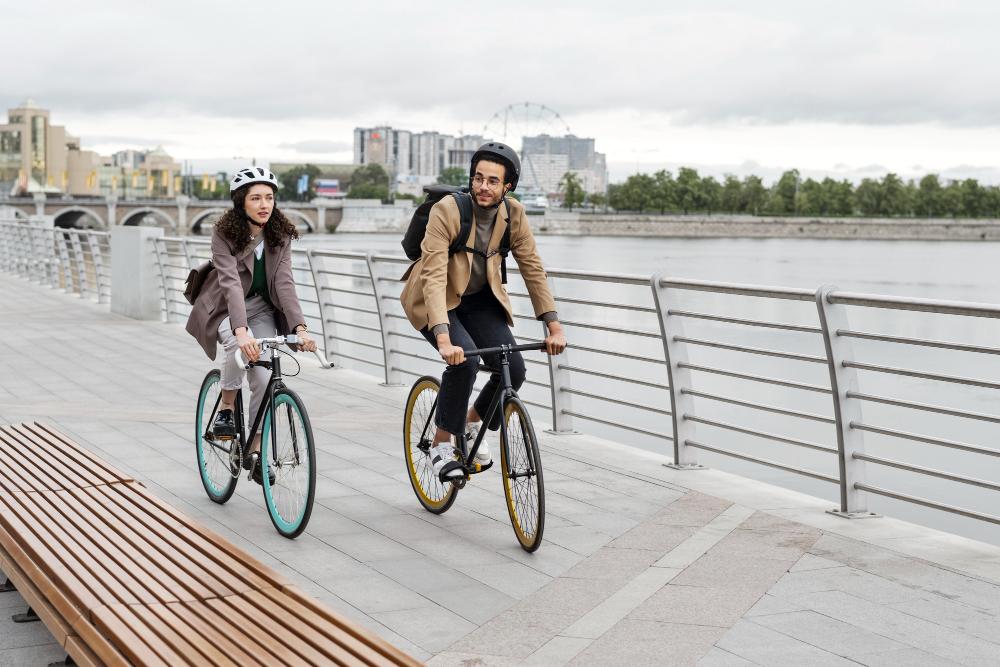 casal andando de bicicleta ao lado de um rio